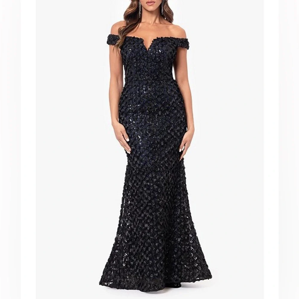 Xscape 6395X Appliqué Embellished Off The Shoulder Mermaid Gown‎ Black Blue 12